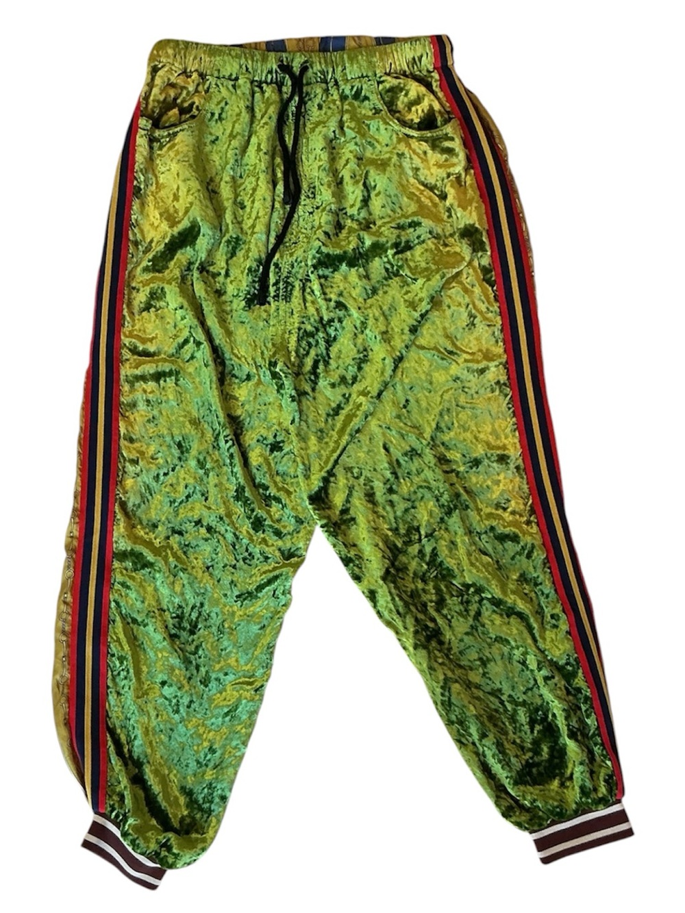 Gucci Green and Blue Velvet / Silk Adult Track Pants with Striped Side Panel